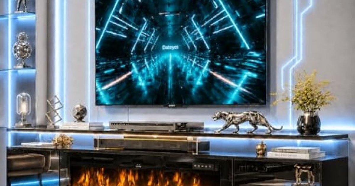 Modern Living Room with LED Fireplace and Futuristic TV Wall | Builders ...