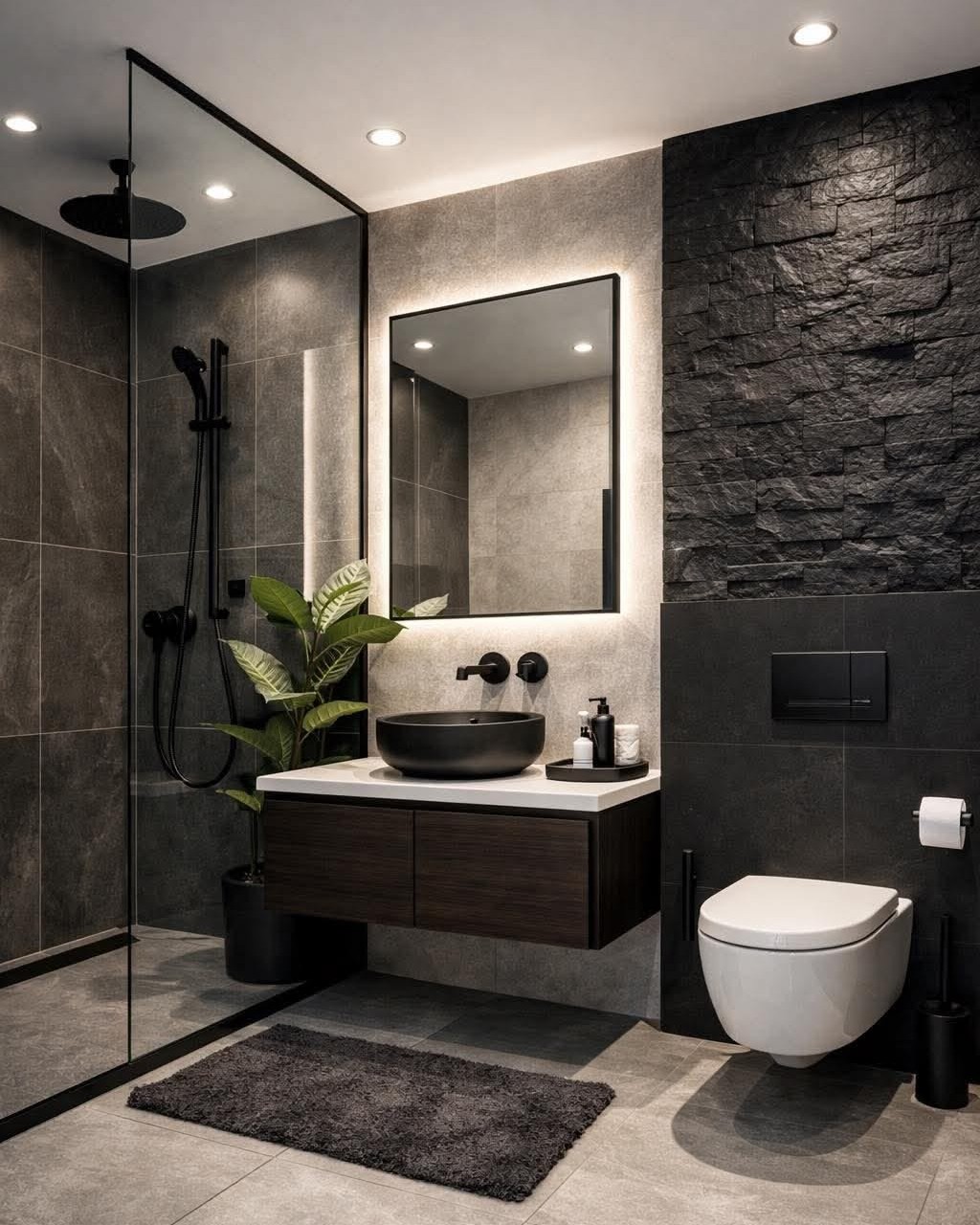 Modern Minimalist Bathroom with Black Stone Accents