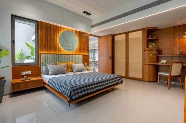 Modern Mid-Century Bedroom with Warm Wood Accents