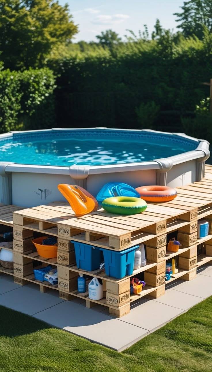Above-Ground Pool with DIY Pallet Deck and Storage