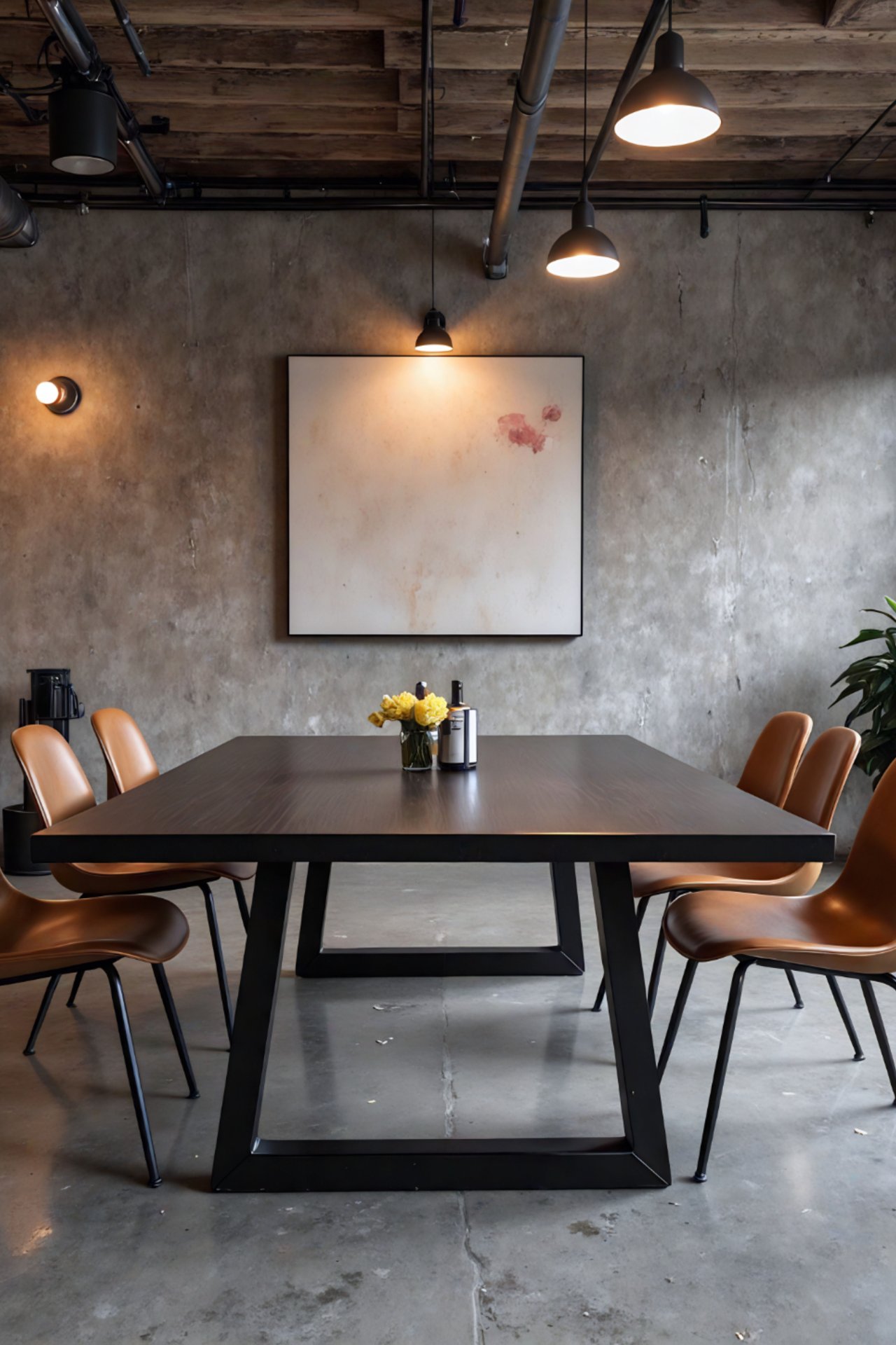 Modern Industrial Dining Room with Concrete Walls and Minimalist Decor