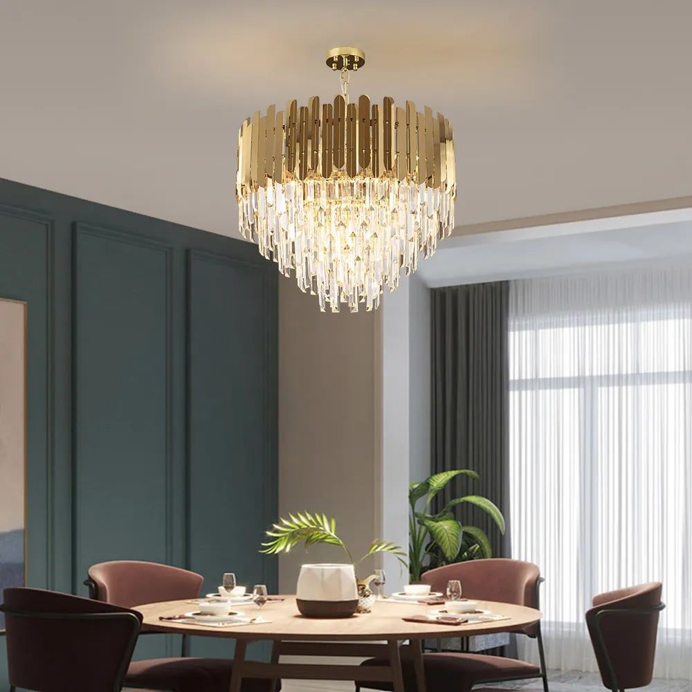 Modern Dining Room with Gold and Crystal Chandelier Centerpiece