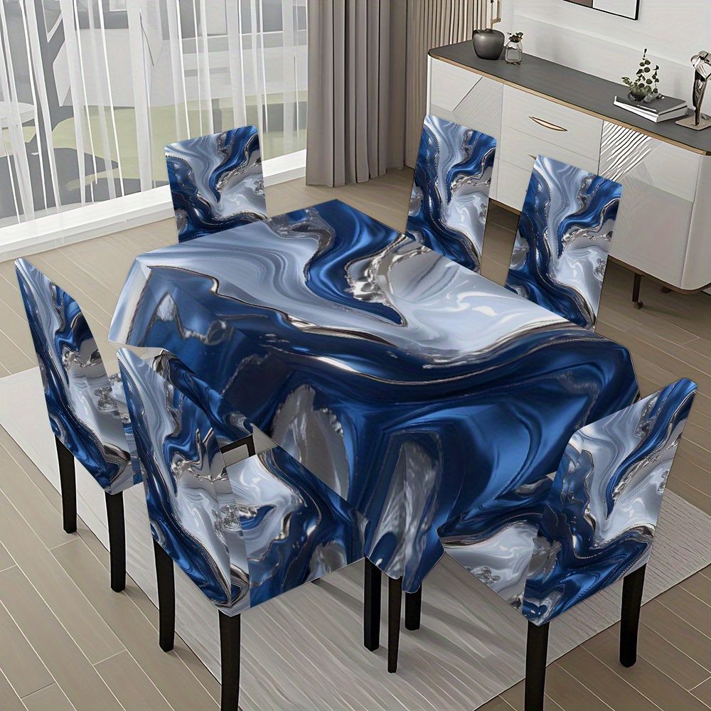 Modern Dining Room with Blue and Silver Abstract Table and Chair Covers