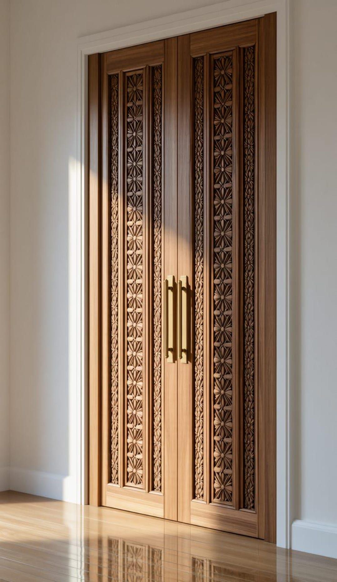 Double Interior Doors with Ornate Geometric Wood Carving and Brass Handles