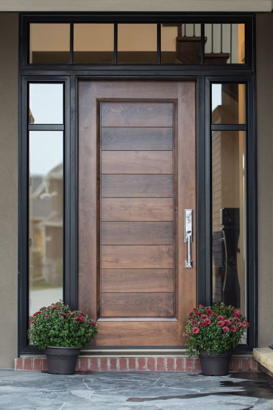 Modern Wooden Entry Door with Glass Sidelights