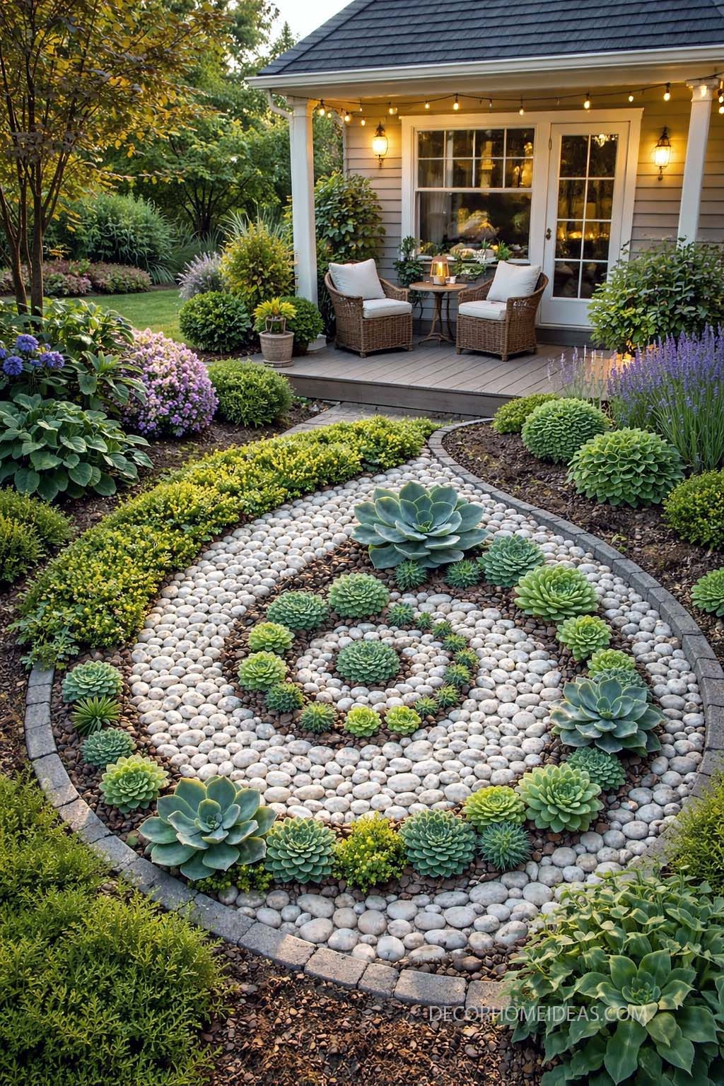 Inviting Patio with Spiral Rock Succulent Garden and Cozy Seating Area