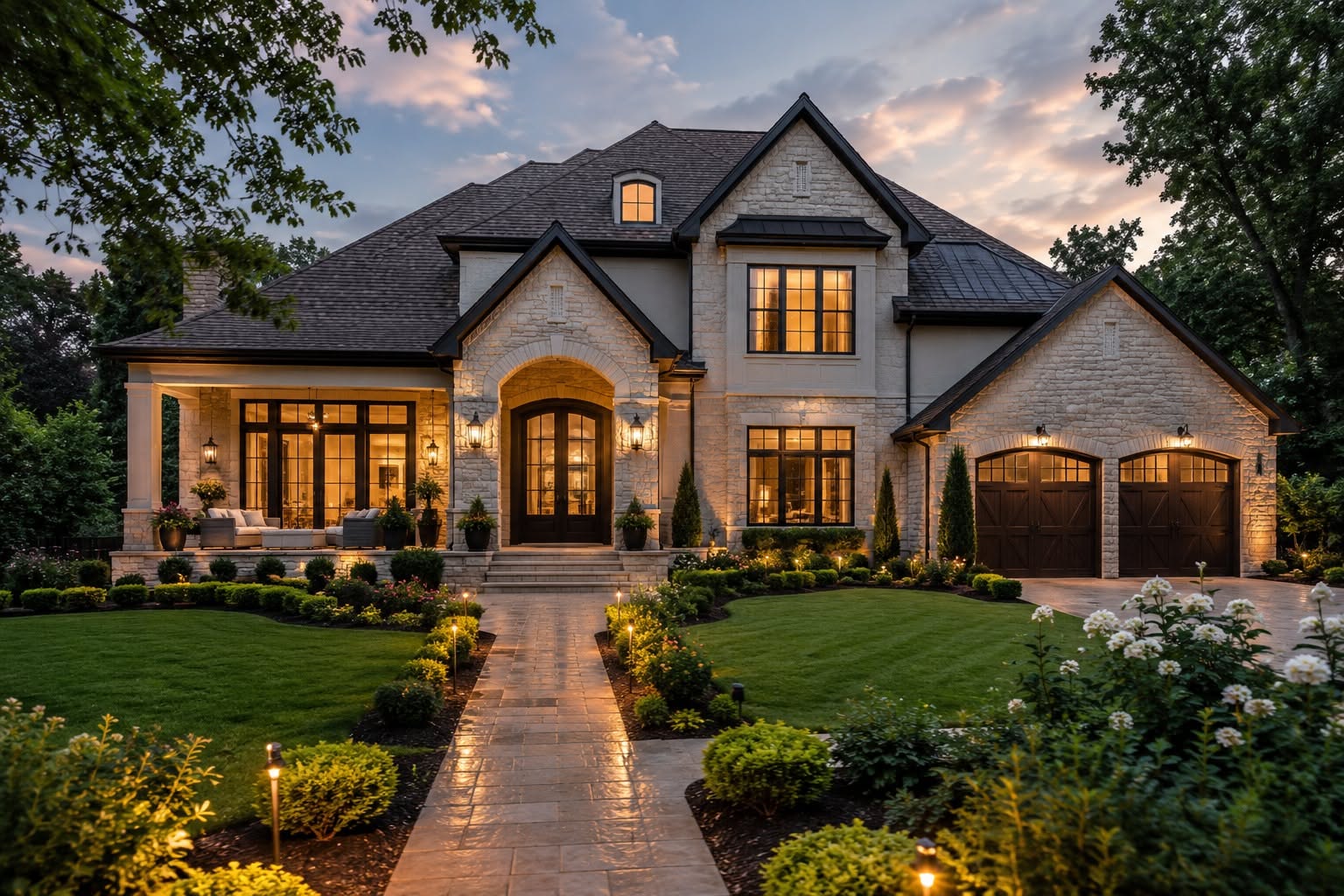 Elegant Traditional Stone House with Lush Landscaping at Dusk