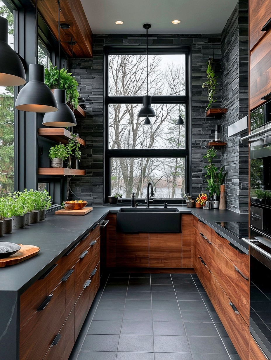 Modern Kitchen with Black Stone Walls and Walnut Cabinets