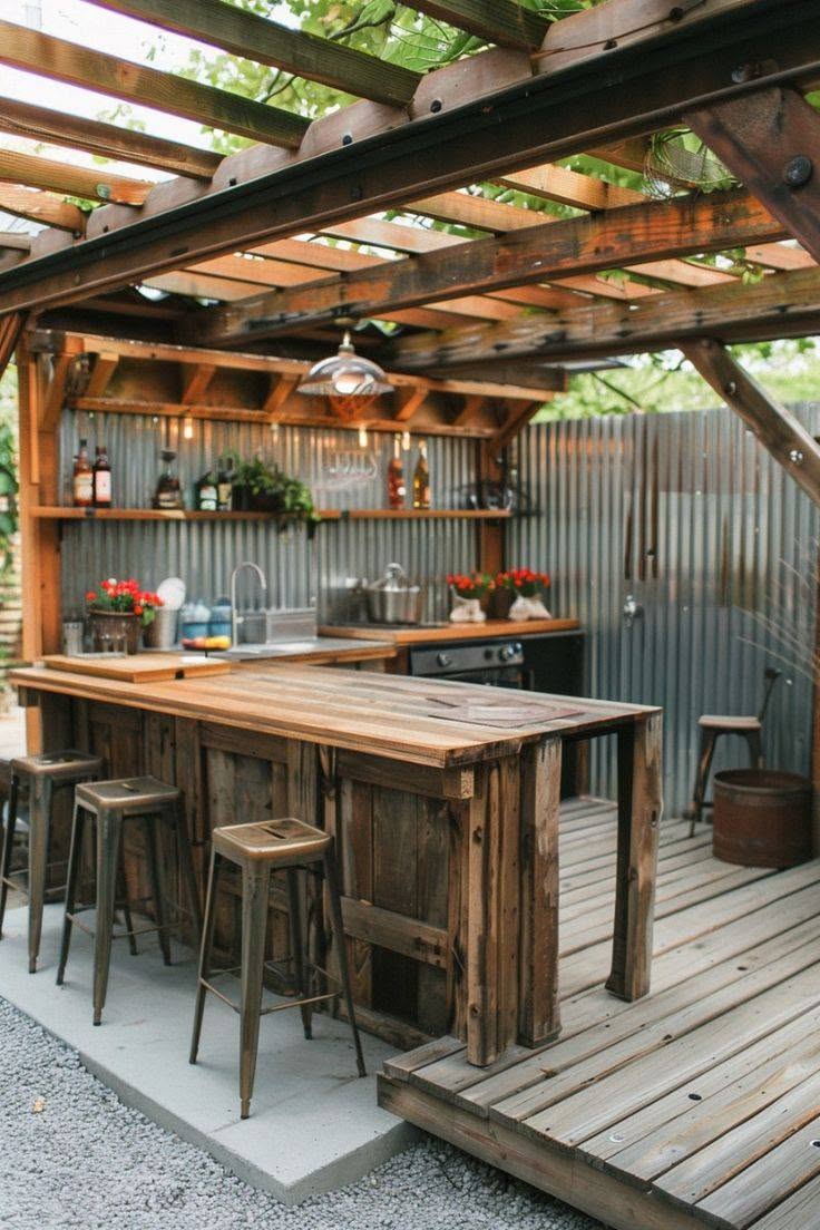Rustic Outdoor Kitchen with Wood and Metal Accents