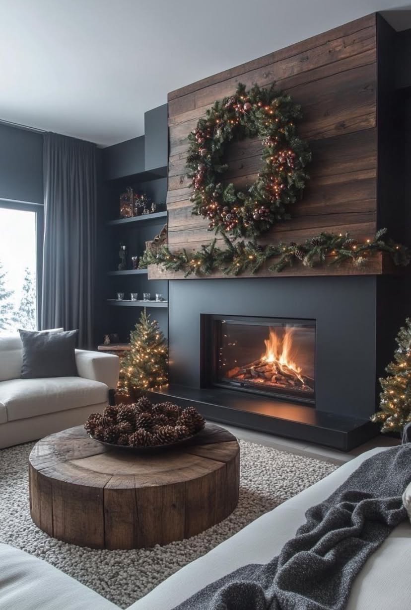 Cozy Modern Living Room with Festive Fireplace and Wood Accents