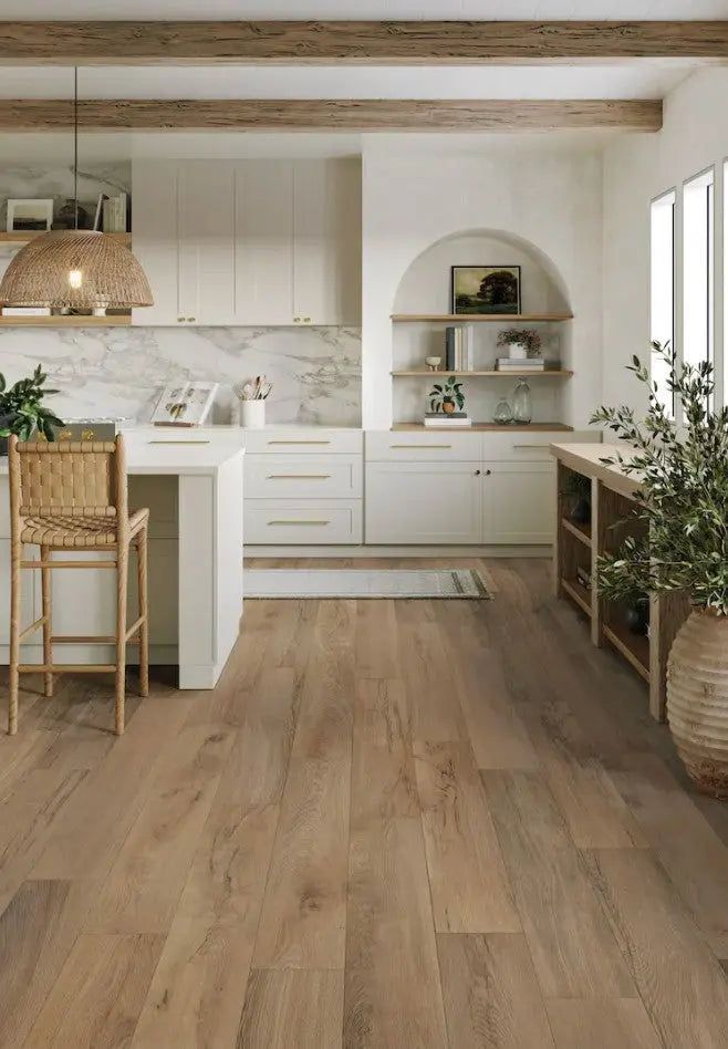 Warm Modern Kitchen With Wood Flooring and Exposed Ceiling Beams