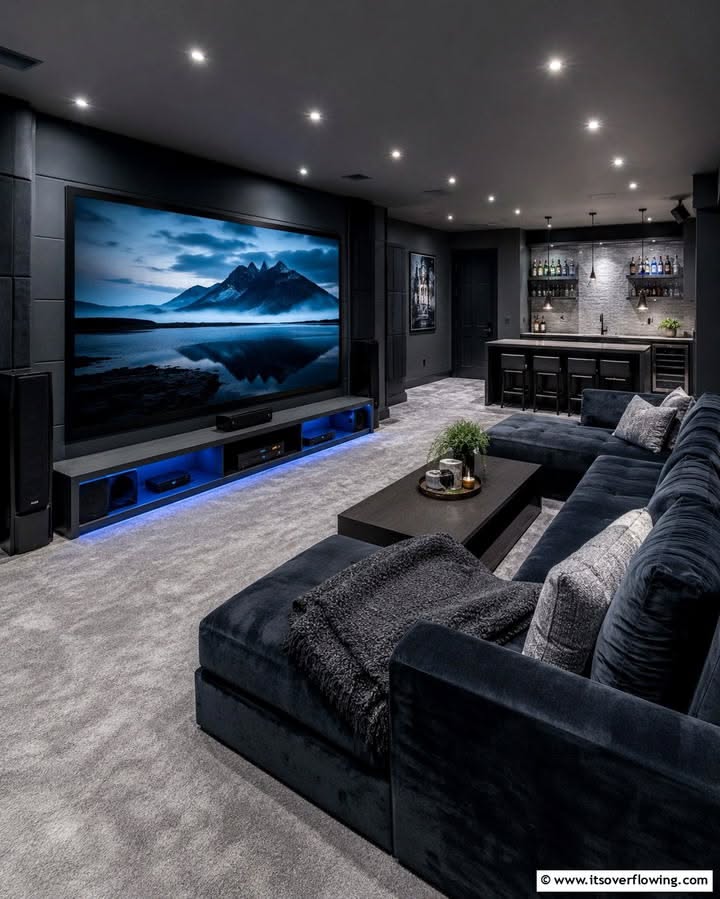 Modern Home Theater with Bar and Ambient Lighting