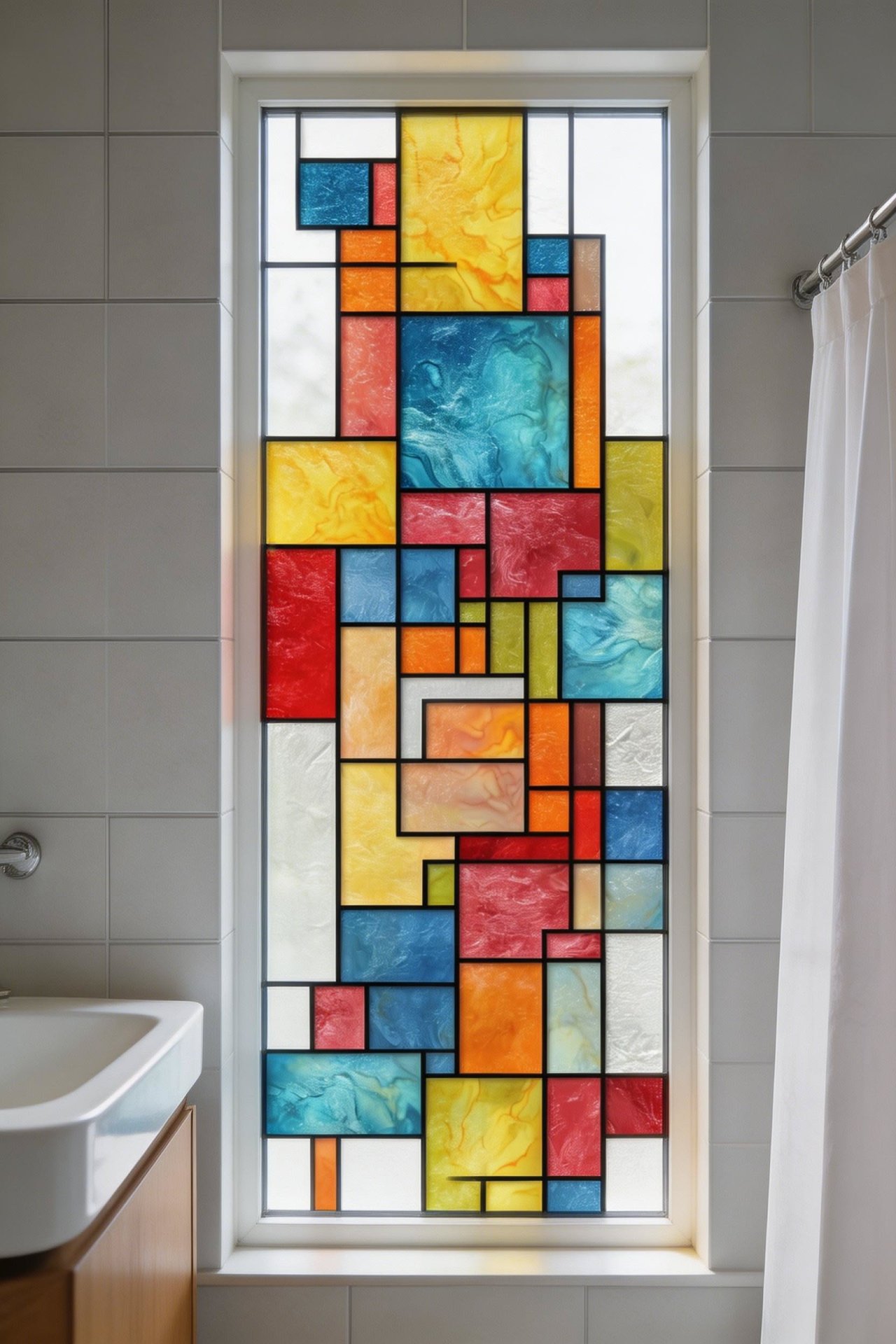 Modern Bathroom With Colorful Geometric Stained Glass Window