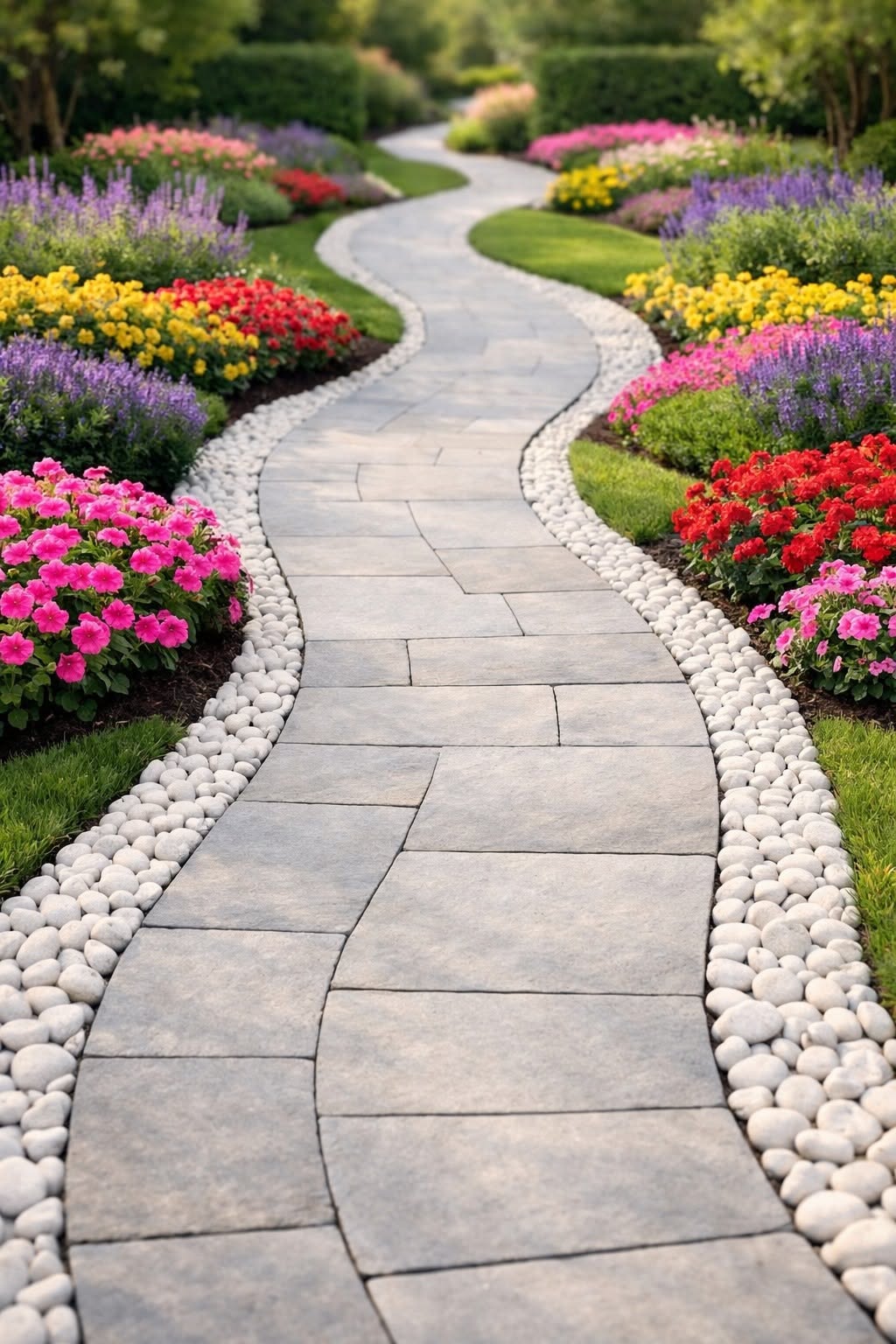 Curved Stone Garden Walkway with Colorful Flower Borders