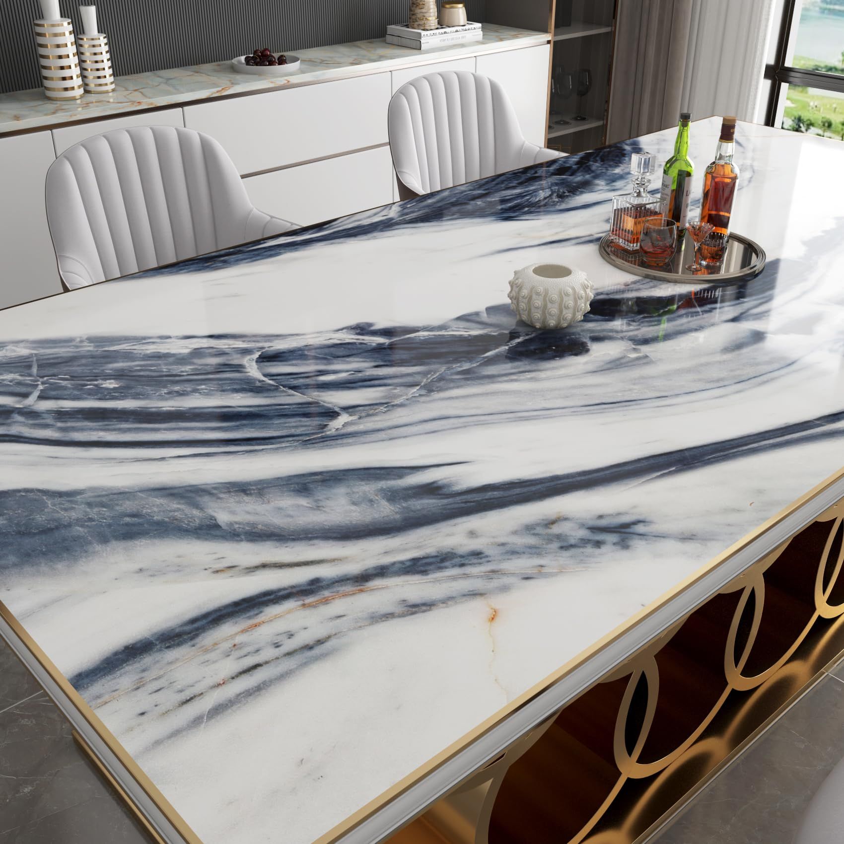 Modern Dining Room With Blue Veined Marble Tabletop and Gold Accents