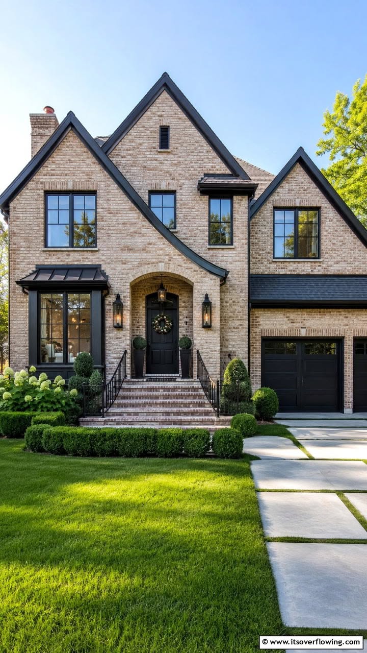 Traditional Brick Home Exterior with Black Trim and Manicured Landscaping