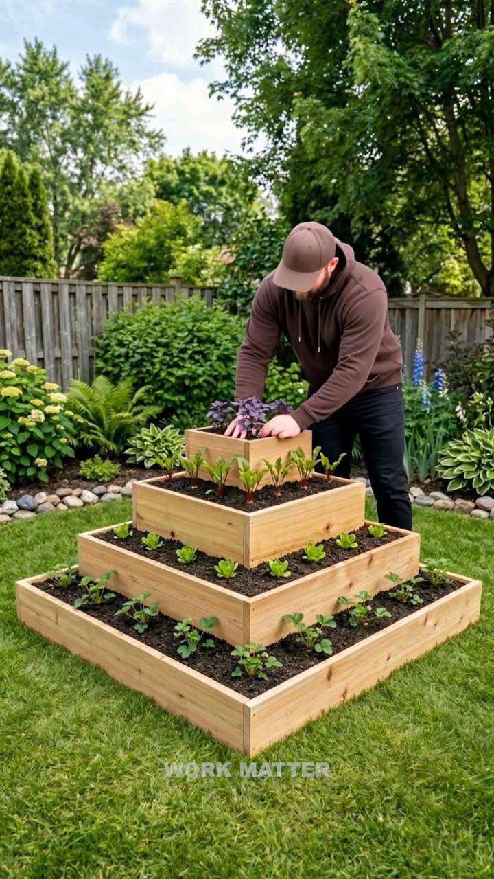 Tiered Wooden Raised Garden Bed in a Lush Backyard Setting