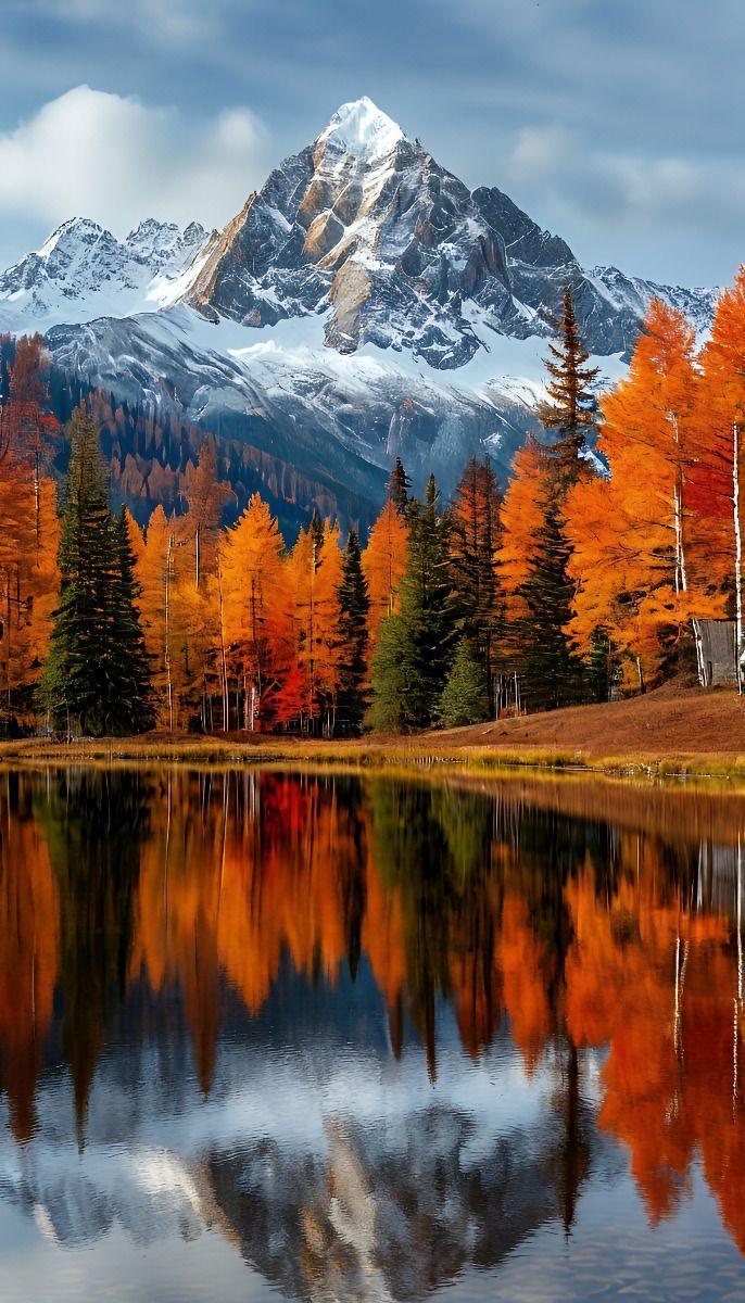 Snow-Capped Mountain Reflected in Autumn Forest Lake Scene