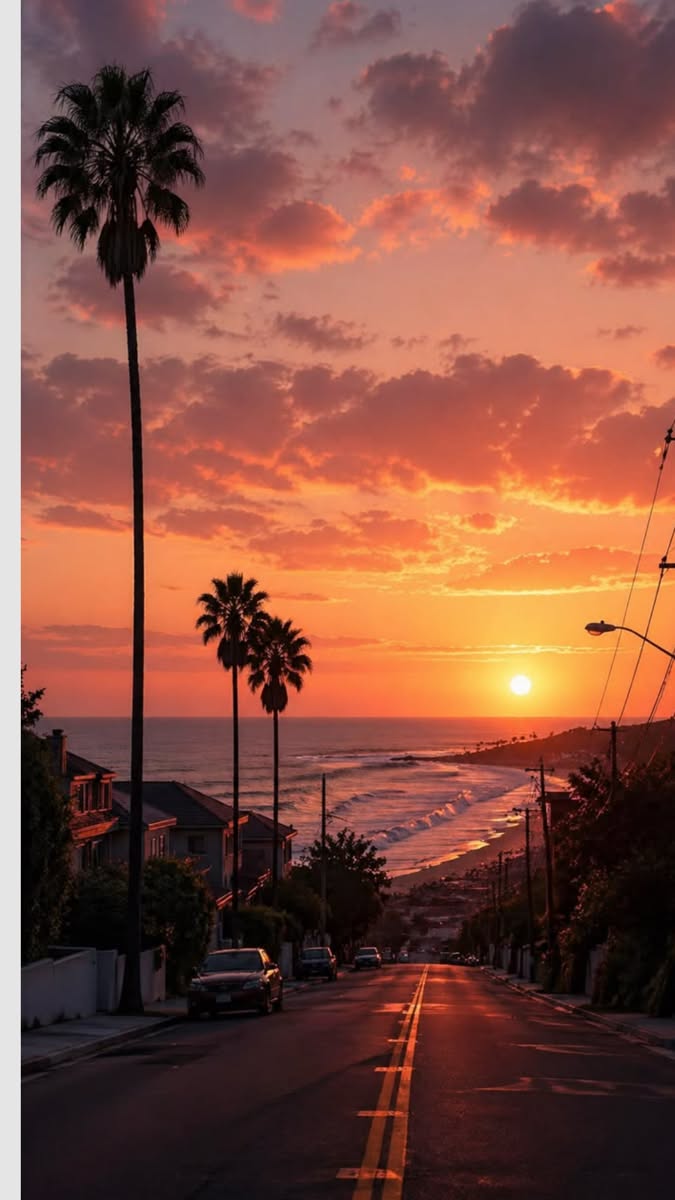 Dramatic Sunset Over Coastal Road with Palm Trees