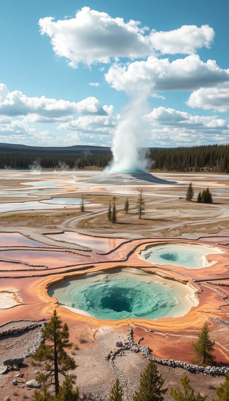 Vivid Geothermal Pools and Geyser in Yellowstone Landscape
