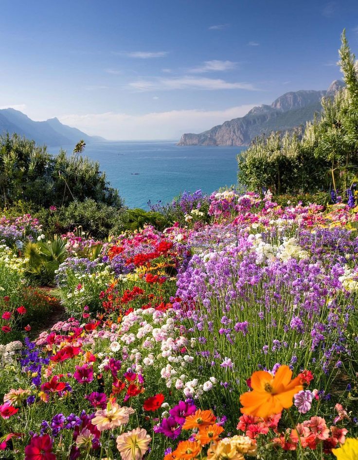 Vibrant Coastal Flower Garden Overlooking Blue Mountain Bay