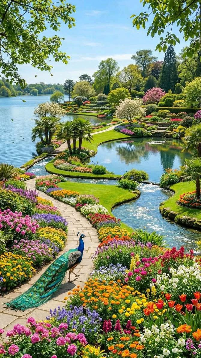 Lakeside Flower Garden with Curved Pathway and Peacock