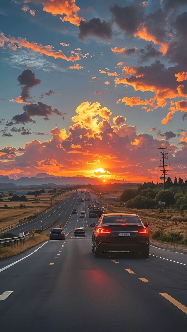 Scenic Highway Drive at Sunset with Vibrant Cloudscape