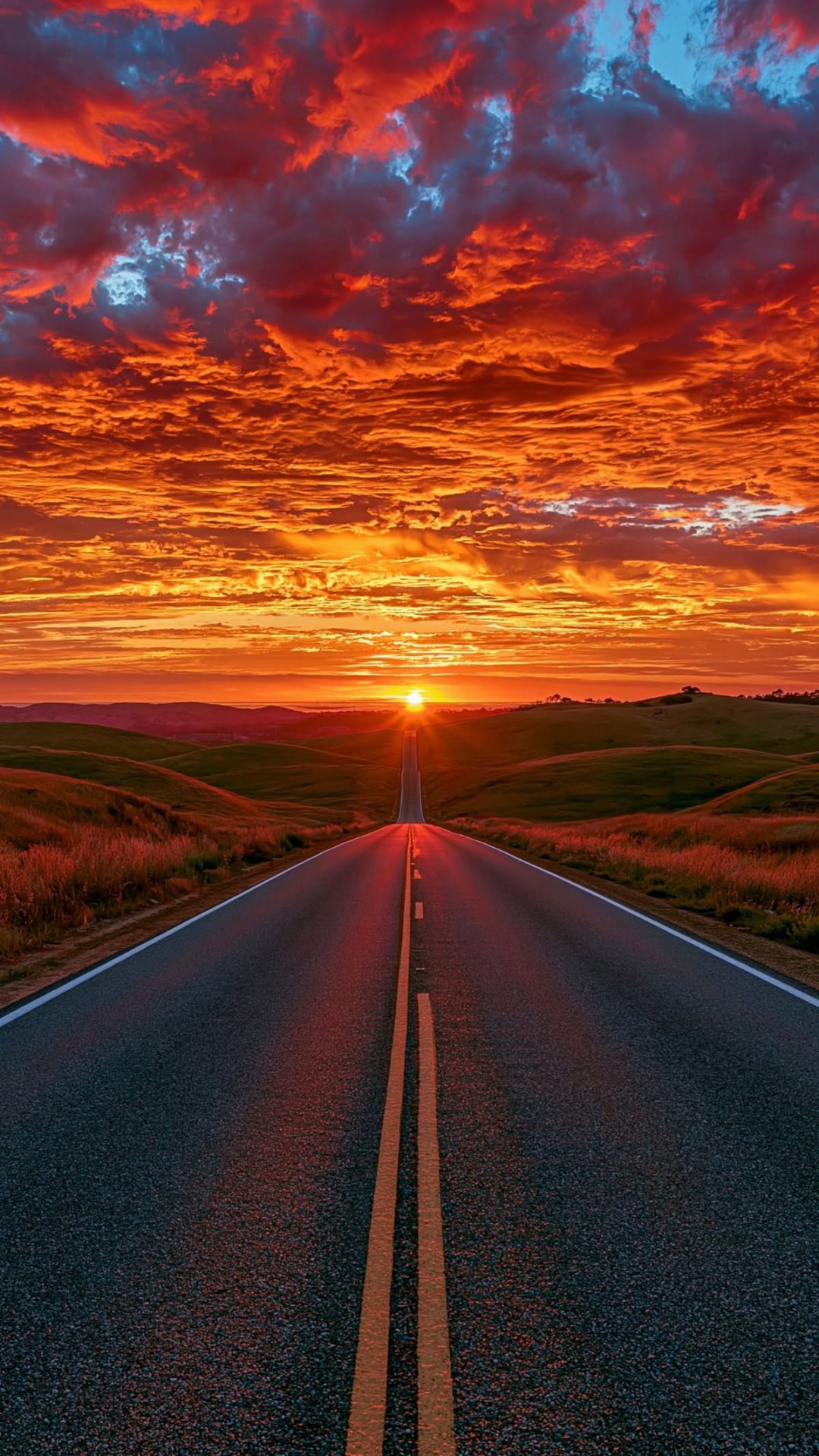 Open Highway at Sunset with Dramatic Red and Orange Sky