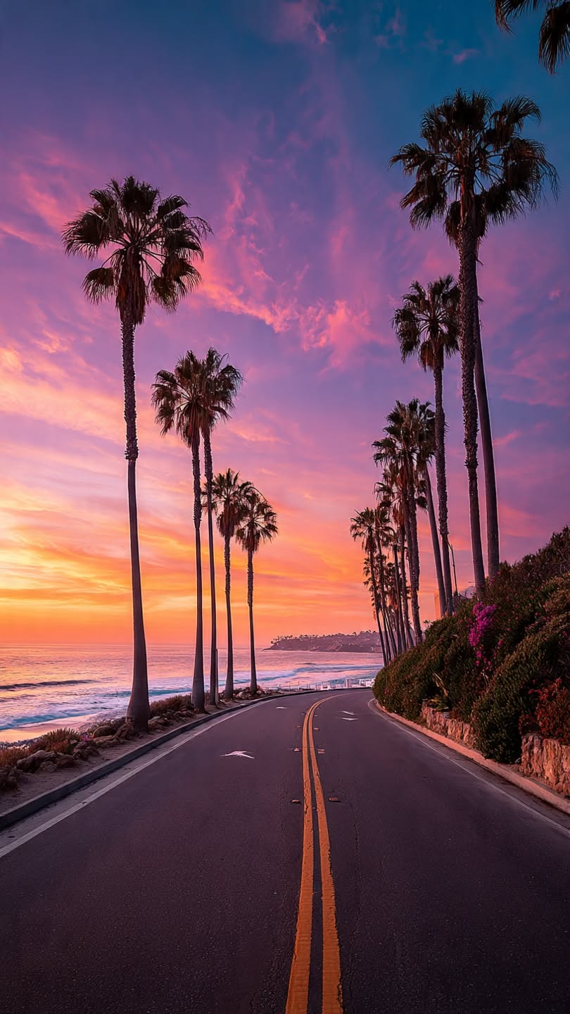 Scenic Coastal Road Lined with Palm Trees at Vibrant Sunset