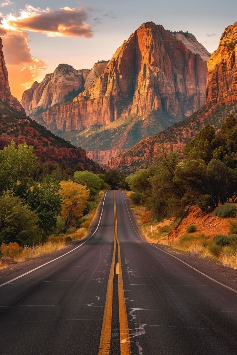Scenic Mountain Road Leading Into Dramatic Red Rock Cliffs at Sunset