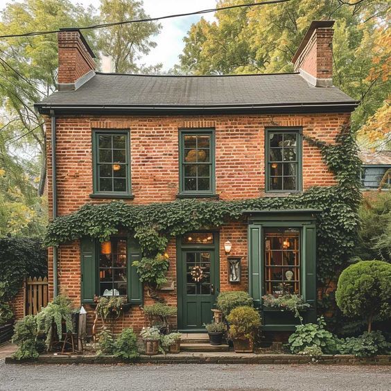 Charming Brick Traditional Home with Green Trim and Lush Ivy Exterior