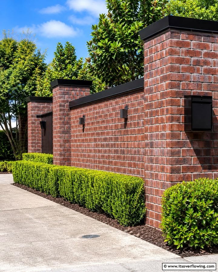 Red Brick Privacy Wall with Modern Lighting and Trimmed Hedges