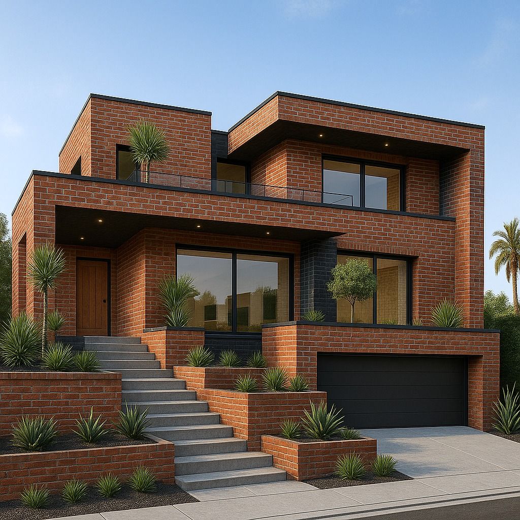 Contemporary Two-Story Brick Home with Tiered Entry and Modern Landscaping