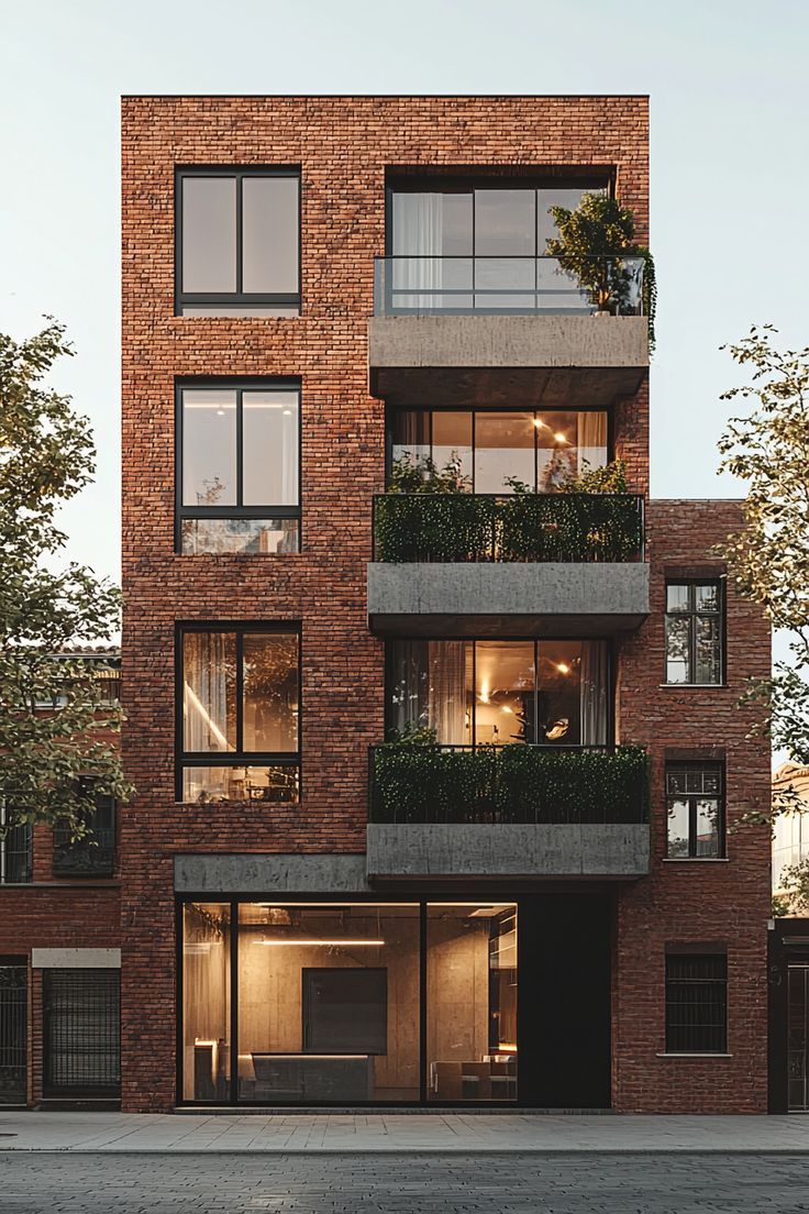 Modern Brick Apartment Building with Concrete Balconies and Large Windows