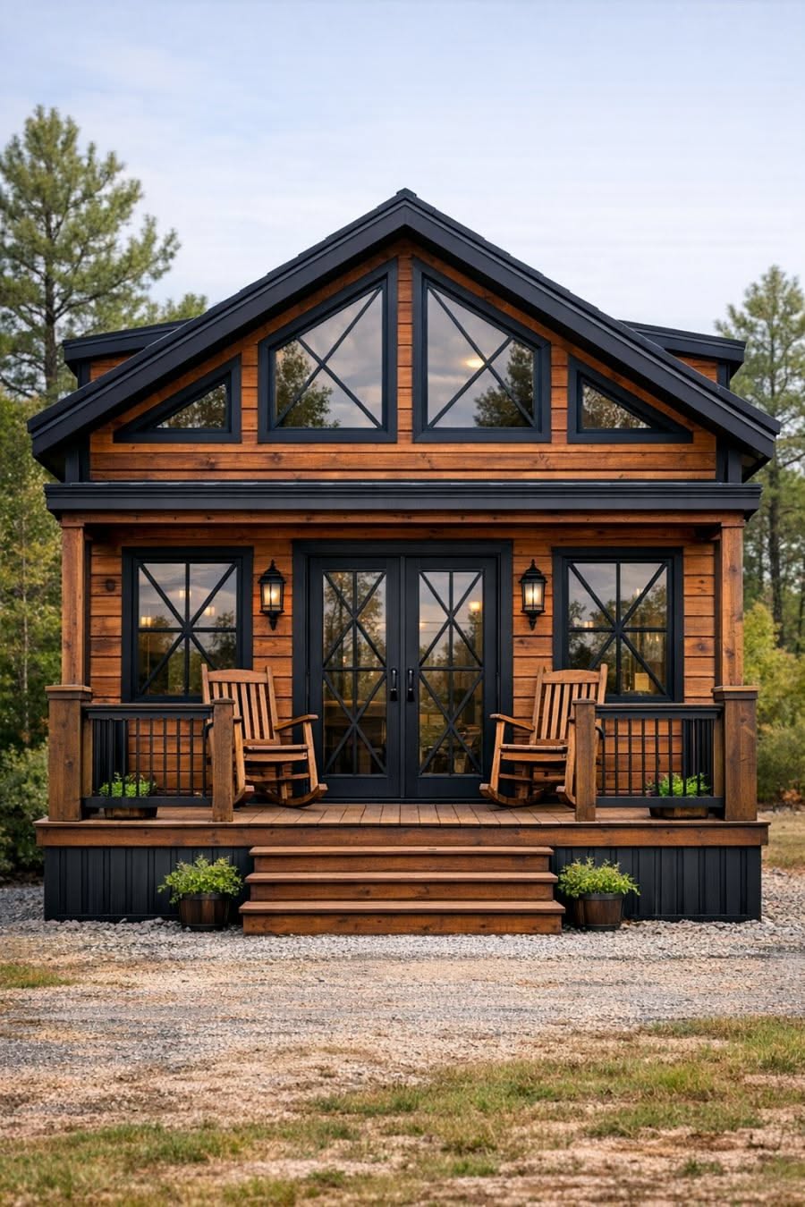 Charming Modern Cabin Exterior with Symmetrical Porch and Black Trim