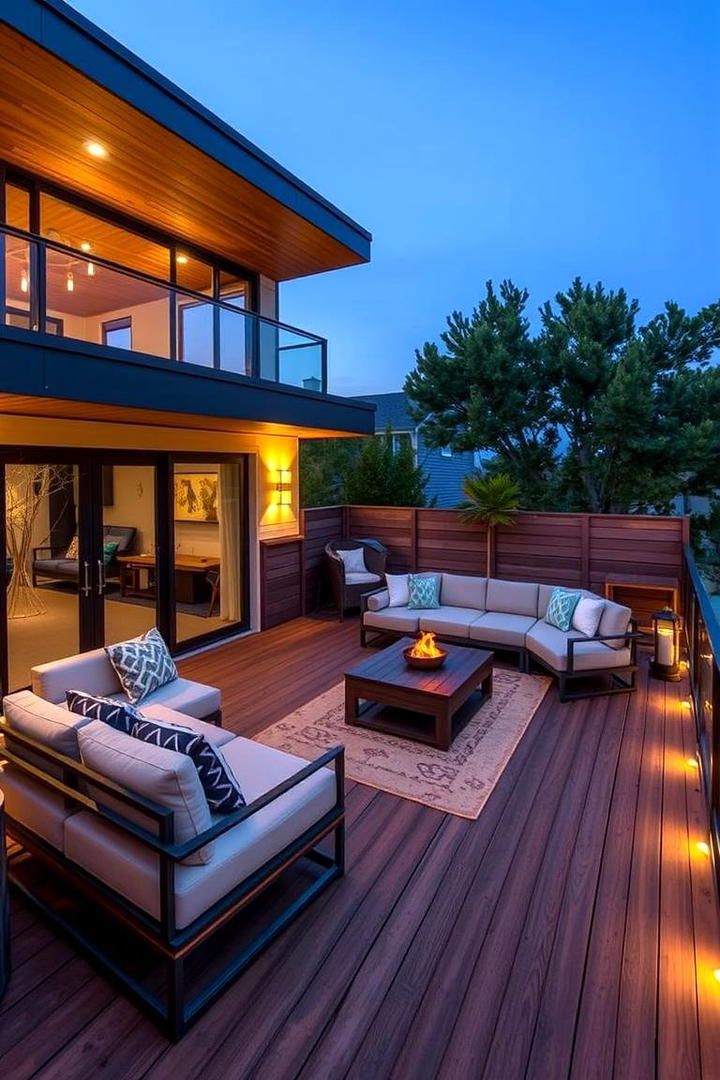 Modern Patio Deck With Cozy Outdoor Lounge and Fire Pit Table