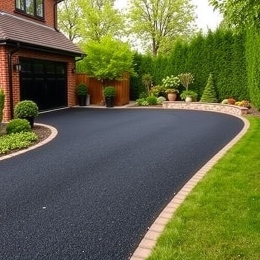 Curved Asphalt Driveway with Brick Edging and Lush Garden Borders