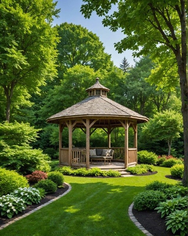 Wooden Garden Gazebo Surrounded by Lush Green Landscaping
