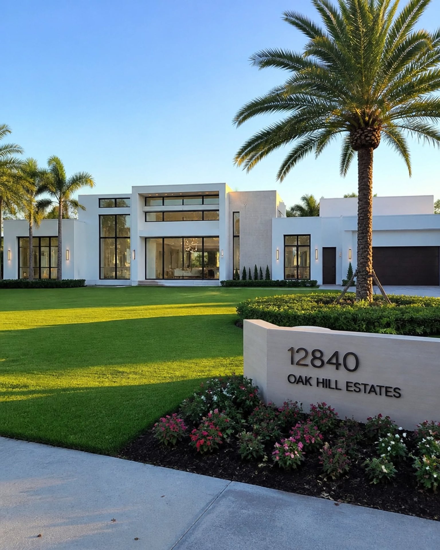 Modern Home Facade with Expansive Lawn and Palm Landscaping