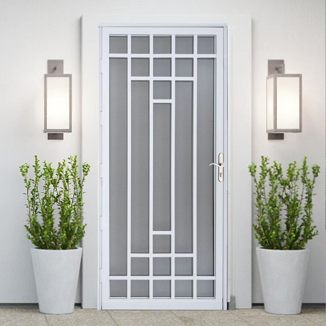 Modern White Security Door with Geometric Grid and Twin Wall Sconces