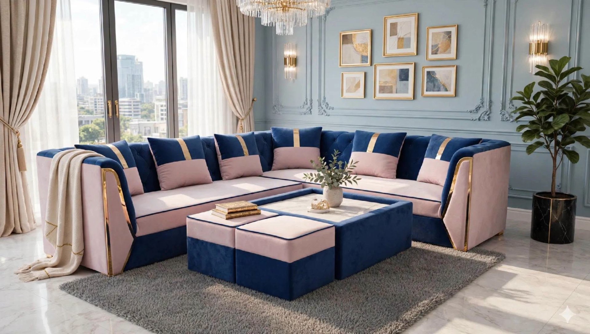 Elegant Living Room with Blue and Blush Velvet Sectional and Gold Accents