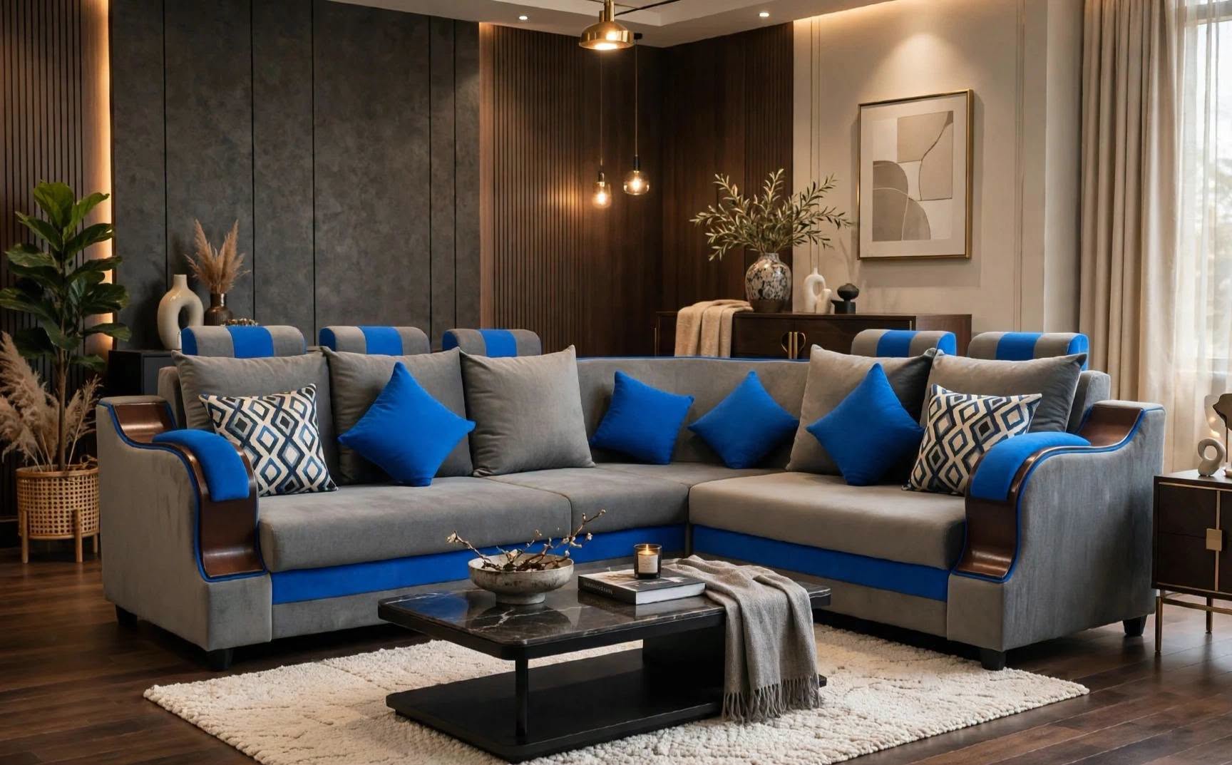 Contemporary Living Room with Gray and Blue Sectional Sofa and Wood Accents