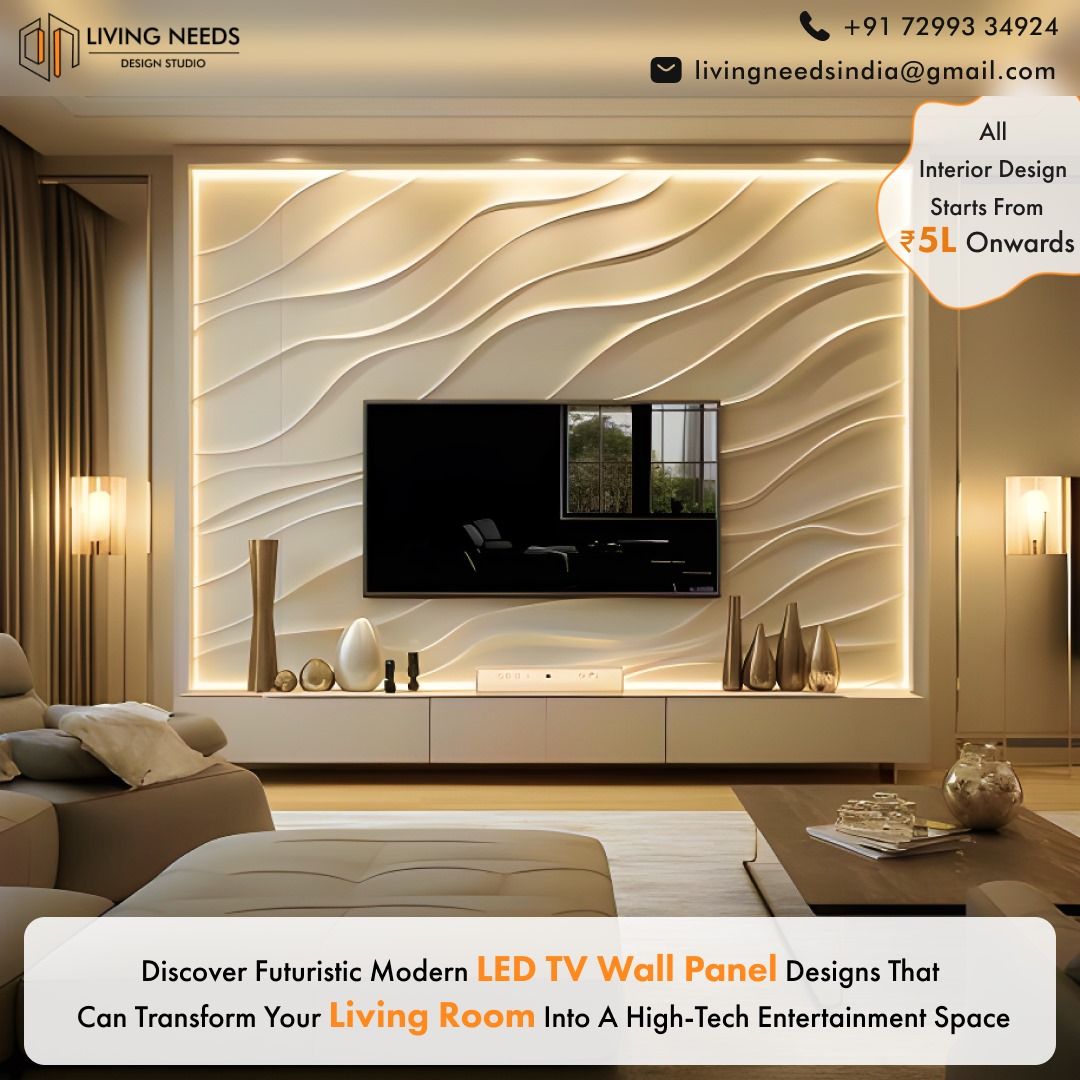 Modern Living Room With 3D Wave LED TV Wall Panel and Ambient Lighting