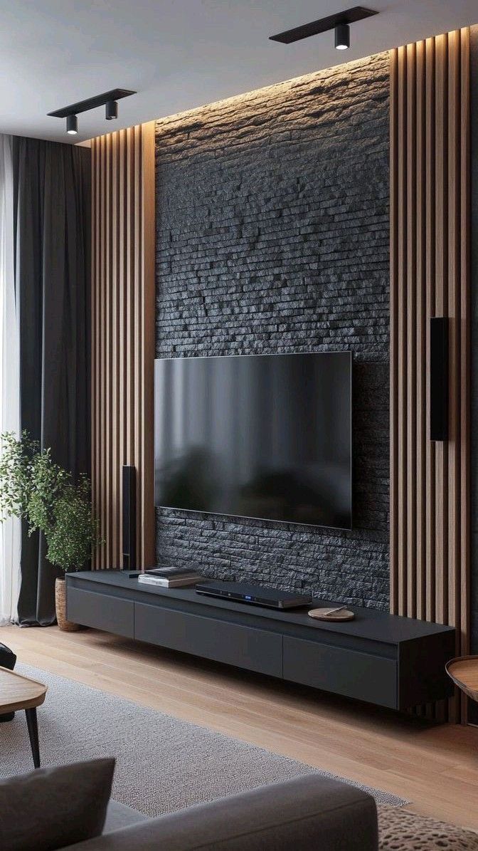 Modern Living Room TV Wall with Black Stone and Vertical Wood Slats