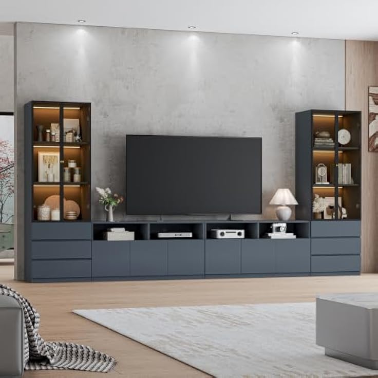 Modern Living Room with Sleek Built-In Media Wall and Display Cabinets
