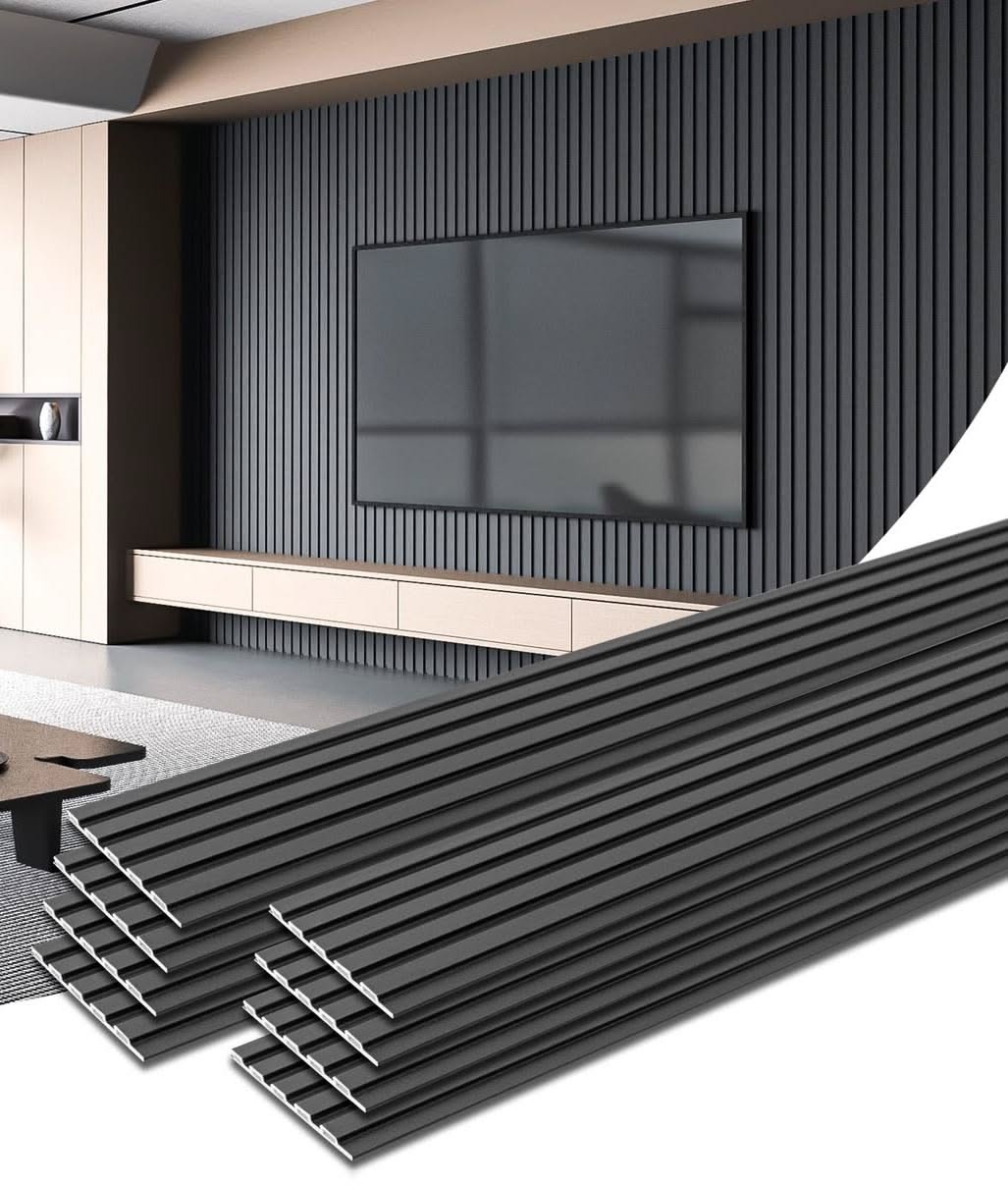 Modern Living Room with Black Slatted Wood Accent Wall and Floating Cabinetry